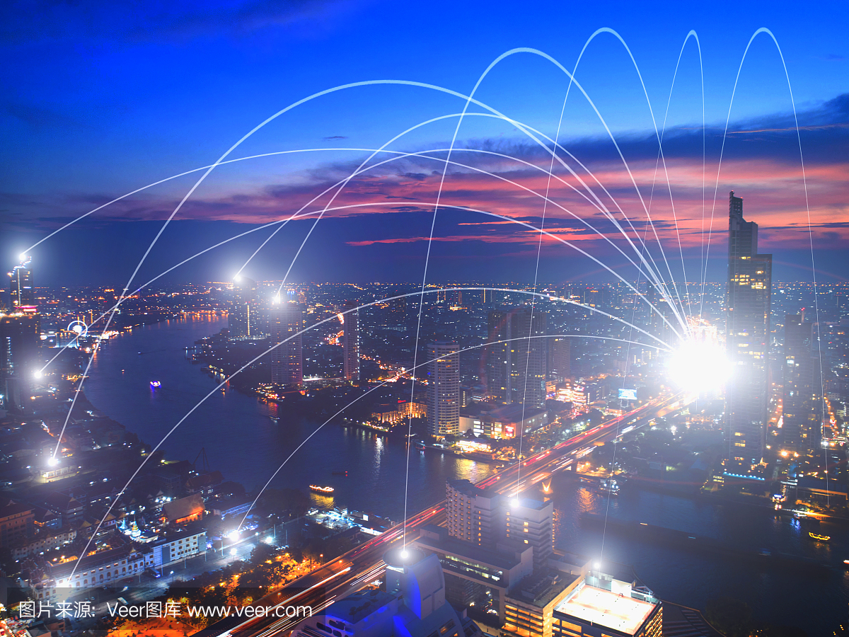 商業網絡連接概念和城市Wi-Fi。技術交流。背景模糊了首都的建筑。